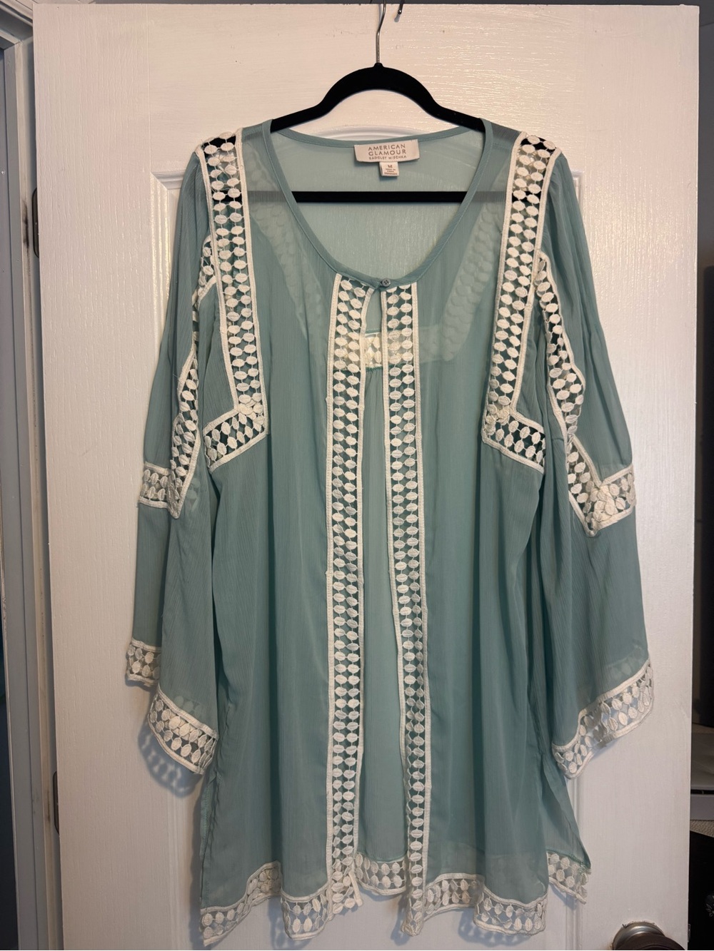Badgley Mischka American Glamour Sheer Green w/White Trim Coverup/Tunic